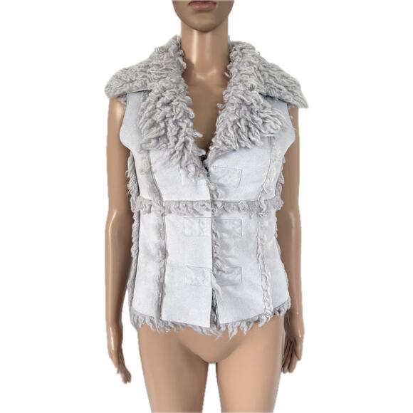 Bebe Y2K Faux Shearling Vest XS Gray Shaggy Fur Trim Penny Lane Winter Coquette - Picture 2 of 10